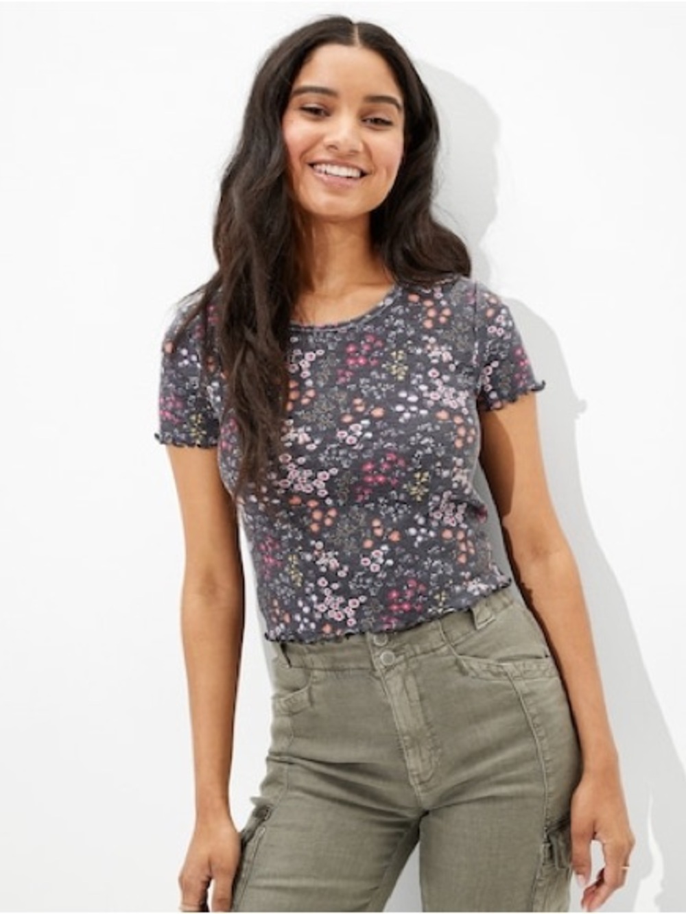 American Eagle Outfitters Gray Floral Crewneck Crop Top with Pink Accents